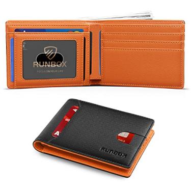 Imagem de RUNBOX Carteira masculina fina com 11 compartimentos para cartão de crédito, couro com bloqueio de RFID, pequena, fina, dobrável, bolso frontal, caixa de presente de grande capacidade, preto de