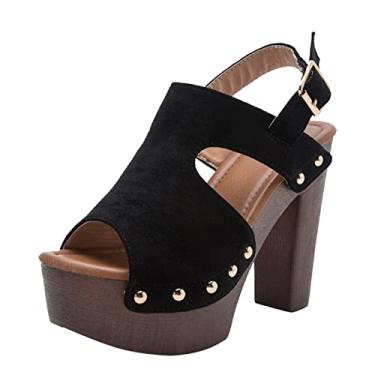 Imagem de Sandálias femininas modernas estilo cunha amarelo gladiadores salto preto couro bota top tendência salto plataforma grosso sandálias, Preto, 6.5 Narrow