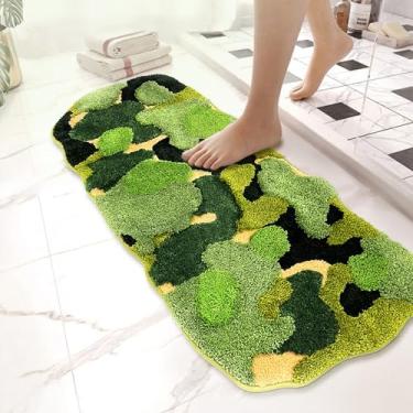 Imagem de YINGSHIF Tapetes verdes de 50 x 127 cm, tapete de musgo, fofo, felpudo, folhas longas, para decoração de banheiro, antiderrapante, lavável na máquina, absorvente para quarto, banheira, sala de estar,