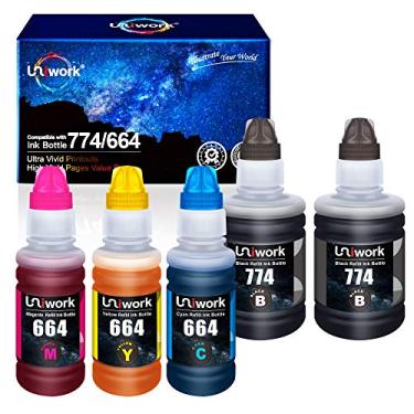 Imagem de Uniwork Refil de substituição compatível para impressora Epson 774 664 T774 T664 para ET-2650 ET-2550 ET-16500 ET-4500 ET-4550 ET-3600 ET-2600 ET-4550 (preto, ciano, magenta, amarelo, 5 unidades)