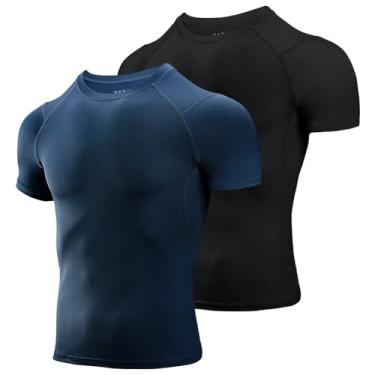 Imagem de Niksa Camisetas masculinas de compressão, pacote com 2, camisetas de compressão atlética de manga curta e secagem fresca, Azul marinho, preto, M