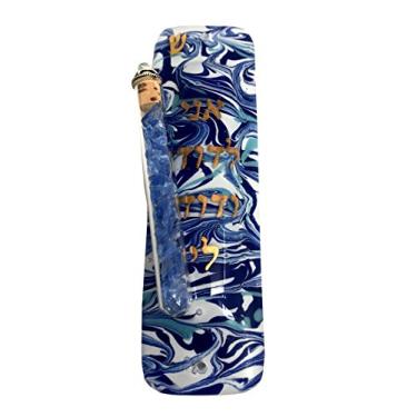 Imagem de Tamara Baskin Art Glass Wedding Mezuzah - I Am My Beloved's and My Beloved is Mine - Gift Box and Non Kosher Scroll Included (Marbled Blue & White)