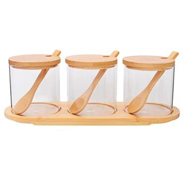 Imagem de Mimo Style Jogo de 3 Potes de Vidro Borossilicato com Tampa, Colher e Suporte de Bambu, Ideal para sua Cozinha, Armazenar Temperos, Especiarias. Design Prático e Elegante - Transparente