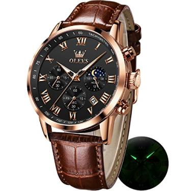 Imagem de OLEVS Relógios masculinos com cronógrafo, analógico, quartzo, fase da lua, luminoso, à prova d'água, masculino, Couro marrom e ouro rosa, preto, Vestido de negócios