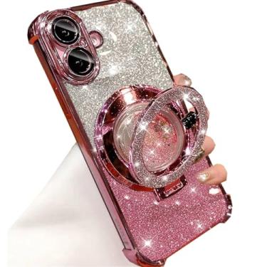 Imagem de Changjia Capa com suporte líquido com glitter para iPhone 16, linda capa de telefone de luxo brilhante com protetor de câmera, anel fluido, revestimento de TPU (poliuretano termoplástico), à prova de