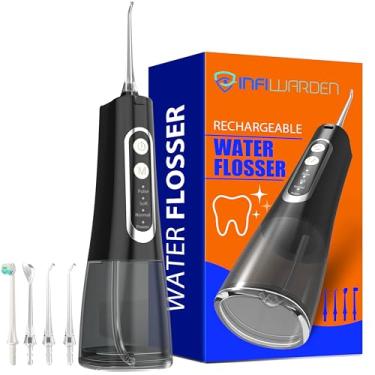 Imagem de Fio dental portátil sem fio, irrigador bucal recarregável com bateria de 1500 mAh, impermeável IPX7, 4 modos, 4 pontas de jato, carregamento tipo C para viagens e casa (preto)