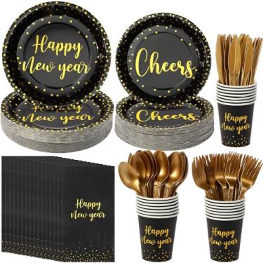 Imagem de Conjunto de pratos e guardanapos de papel feliz ano novo 350 peças, conjunto de louça descartável, folha de ouro preto, pontos, pratos, guardanapos, copos, faca, garfo, colher para decorações e suprimentos de jantar de véspera de ano novo de 2024, serve 50