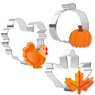 Imagem de Conjunto grande de 3 peças de cortadores de biscoito de Ação de Graças, cortadores de biscoito de outono, cortador de biscoito de abóbora, cortador de biscoito de folha, cortadores de biscoito de outono de 7 a 9 cm, tema de outono, formas de folha de bordo, peru, abóbora