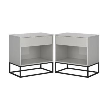 Imagem de Conjunto 2 Mesas de Cabeceira Malta Offwhite Com Base de Ferro Preto -