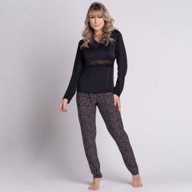 Imagem de Pijama Vekyo Feminino Longo Liganete Renda Luxo, Preto, Mulher, M