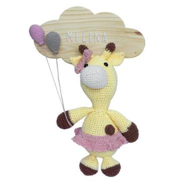 Imagem de Porta Maternidade Nuvem Girafa de Saia Rosa com Bexigas Quarto Bebê In