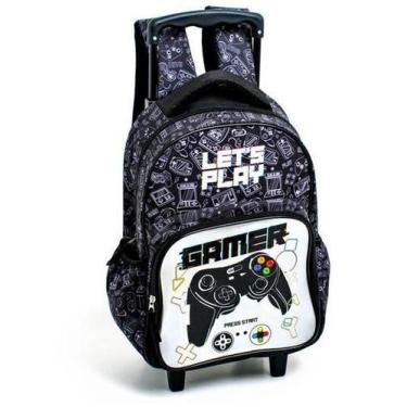 Imagem de Mochila Infantil com Rodinha Gamer Bolso Frontal M Preta - Kit