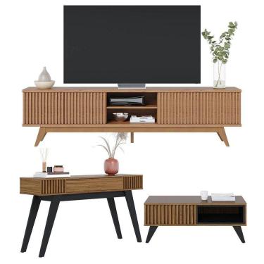 Imagem de Kit Sala de Estar Rack com Mesa de Centro e Aparador Noce Preto 3 Peças Colibri