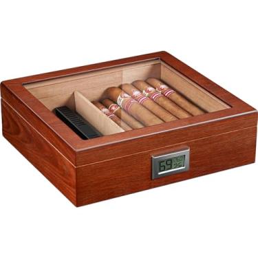 Imagem de Umidificador de charutos Flauno, umidificador de madeira de cedro espanhol com higrômetro digital, umidificador, divisor, caixa de charutos de umidificador de mesa com tampa de vidro para 30-40 charutos, presente para amantes de charutos
