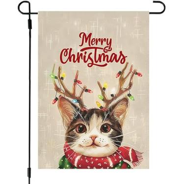 Imagem de Adorável gato Feliz Natal bandeira de jardim - Gatinho fofo com design de chifres de rena - Decoração extravagante para férias ao ar livre - Durável - Banner festivo sazonal