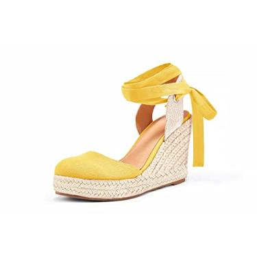 Imagem de Nailyhome Sandália anabela feminina de salto anabela, plataforma fechada com cadarço, tornozelo e tira nas costas, Amarelo, 7.5