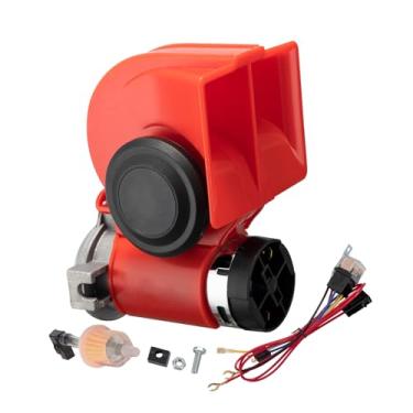 Imagem de AOLIHAN Kit de buzinas de trem para caminhões, buzina de ar para motocicleta, kit de buzina de carro de som de trem 12V buzina elétrica super alta (buzina vermelha com fio, 12 v)