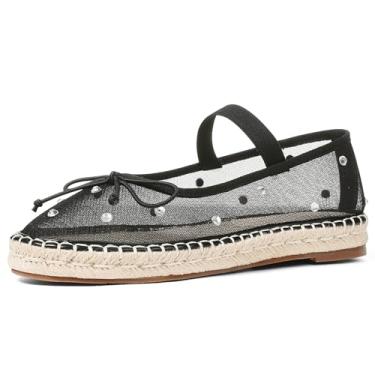 Imagem de AMINUGAL Sapatilhas de balé de malha para mulheres, bico redondo, plataforma Mary Janes, alpargatas elásticas, sapatos de malha branca, elegante, confortável, bailarina, C - preto, 34