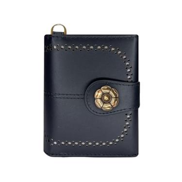 Imagem de Carteira feminina pequena, porta-cartão de crédito de metal pop-up. Carteira compacta multifuncional feita de couro legítimo., Preto, Moderno