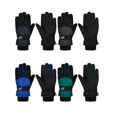 Imagem de Hicarer 4 pares de luvas de inverno para crianças, à prova d'água, para esqui na neve, roupas de camuflagem unissex quentes para clima frio, meninas, meninos e crianças, vermelho, azul, branco,