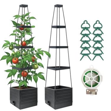 Imagem de Lazzmonk Pacote com 2 caixas de plantador de jardim elevadas com treliça, plantador de tomate de 137 cm com treliça para plantas trepadeiras, vegetais, flores de videira, gaiola de tomate
