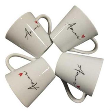 Imagem de Kit 4 Xicaras Caneca Porcelana Personalizadas Palavra Amor Cozinha Caf