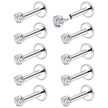 Imagem de Vsnnsns Anéis de nariz de pressão para mulheres 18G 20G sem fio aço inoxidável cirúrgico 316L Pinos de nariz em forma de L Anéis de nariz de ossos de parafuso Piercing de narina CZ 1,5 mm 2 mm 2,5 mm 3 mm Prata 10 pçs, Metal Cristal Strass, Cristal