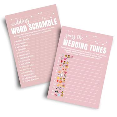 Imagem de Conjunto 2 em 1 para chá de panela Majesty Pink - Wedding Word Scramble & Guess the Song Trivia Diversão para convidados - Pacote com 25, cartolina dupla face premium de 12,7 x 17,8 cm, minimalista