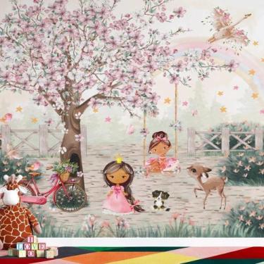 Imagem de Papel de Parede Infantil Jardim Encantado meninas e animais afro - Alo