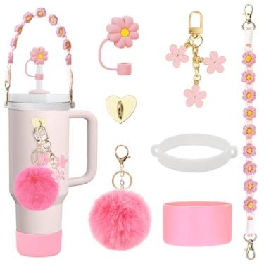 Imagem de Freewindo Acessórios de copo compatíveis com Stanley Cup, conjunto de acessórios de copo de 7 peças, incluindo alça de alça de garrafa de água, bota de copo de silicone, capa de palha, pompom,