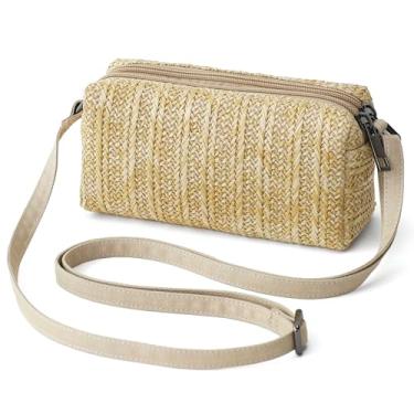 Imagem de BBORGDC Pequena bolsa transversal de palha para mulheres, bolsa de férias com compartimento duplo de tecido amarelo com alça de telefone ajustável, carteira de praia de verão boho, carteira de