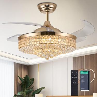 Imagem de Trssdre Ventilador De Teto De Cristal Led Fandelier Dourado Regulável De 52" Com Luzes E Controle Remoto Ventilador De Teto Com Lâmina Retrátil Moderno Para Quarto, Sala De Jantar, Sala De Estar