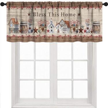 Imagem de Cortinas de cozinha marrom para cozinha, fazenda retrô, celeiro, baga e estrela, Bless This Home, vintage, textura de madeira, tratamento de janela para cozinha, sala de estar, café, 1 peça, 137 x 45