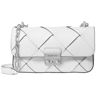 Imagem de Michael Kors Bolsa de ombro pequena com corrente conversível Tribeca, Ferragens prateadas/couro tecido/branco óptico, One Size