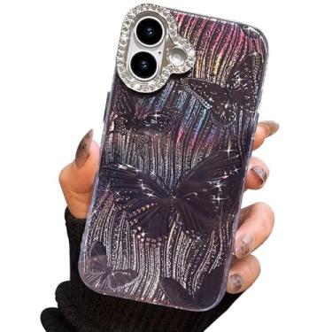 Imagem de I-MGAE-IN-AR Capa compacta para iPhone 16 Plus com design de borboleta, moldura de proteção de lente de câmera de diamante 3D, capa protetora de TPU macia e macia à prova de choque para mulheres e