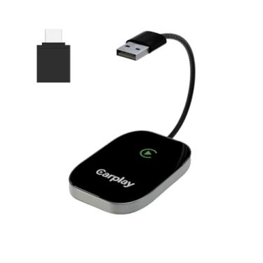 Imagem de Sinpo Adaptador CarPlay sem fio para iPhone, adaptador Apple CarPlay com fio para sem fio, tamanho mini com cabo de extensão USB e USB-C/Tipo-C, controle estável e sem atraso, preto