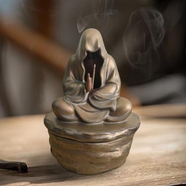 Imagem de DOCFLVAS Queimador de incenso Zen Buda de cerâmica, estátua de Buda para meditação, queimador de incenso de refluxo de cachoeira, decoração zen para casa e escritório, suporte de incenso de cerâmica