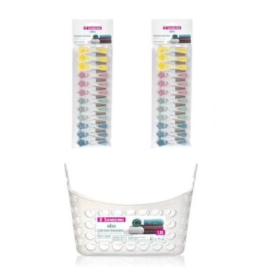 Imagem de Kit Cesto + 24 Prendedores Pregadores de Roupa Sanremo, Cesto Multiuso