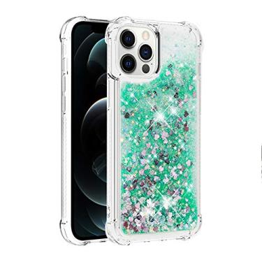 Imagem de Capa de telefone à prova de choque para iPhone 15 Pro Max com glitter líquido de areia movediça e corações flutuantes, capa de TPU de camada dupla reforçada com 4 cantos, protetor de telefone seguro