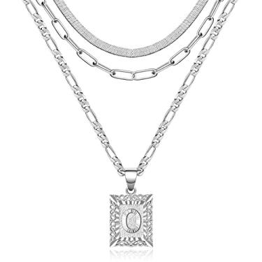 Imagem de KissYan Conjunto de colar em camadas de ouro para meninas, colar com pingente de letra inicial folheada a ouro 14K Gargantilha de cobra Alfabetos de corrente A-Z Fígaro corrente colar joias presente, Latão, Zircônia cúbica