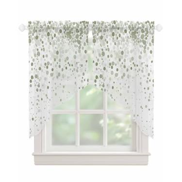 Imagem de Cortinas de saia verde com bolinhas para janelas em aquarela verde gradiente semitransparente cortina abstrata moderna de voile para cozinha, sala de estar, quarto, 2 painéis, 91 x 91 cm