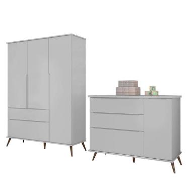 Imagem de Jogo de Quarto Infantil Retrô Alice Guarda Roupa e Cômoda com Porta - pr Baby Cinza