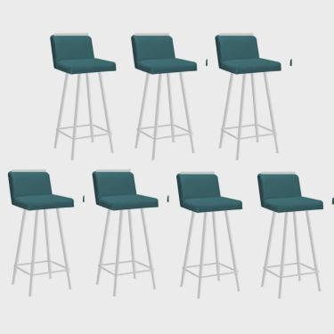 Imagem de Kit 07 Banquetas Com Encosto Menne Eiffel Bistrô Cozinha Aplique Ferro Branco Suede Azul Turquesa - Ahz Móveis