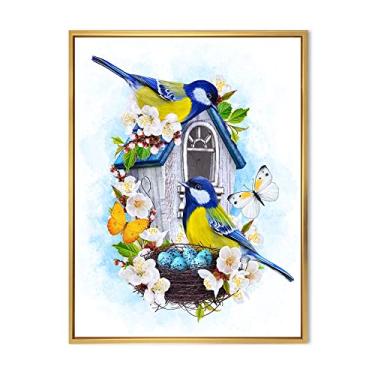 Imagem de DesignQ Two Tit Birds Sitting Near The Nest With Eggs I - Impressão de arte de parede em tela emoldurada tradicional