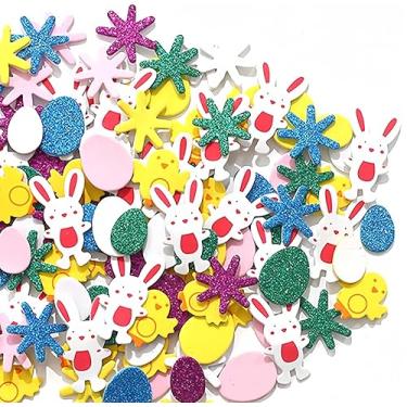 Imagem de HERZWILD 300 peças adesivos de espuma de páscoa com glitter, autoadesivos, formas de pintinho, adesivos de espuma com glitter, adesivos coloridos de ovos de primavera para cartões comemorativos,