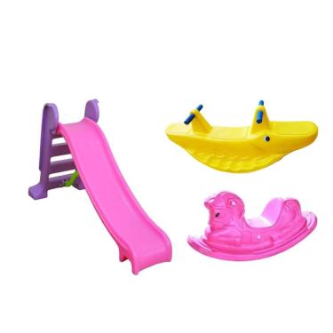 Imagem de Escorregador infantil 3 degraus com gangorra cavalinho E jacaré - rosa E amarelo