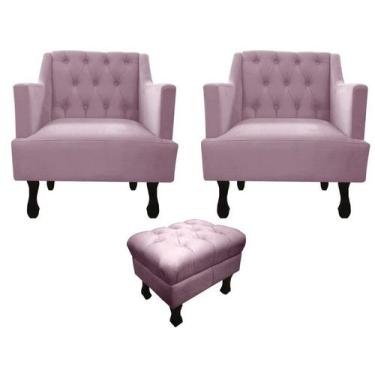 Imagem de Kit 2 Poltronas Decorativa Julia + Puff Luis Xv Suede Rosê Pés Madeira