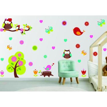 Imagem de Adesivo De Parede Corujinhas Arvores E Flores
