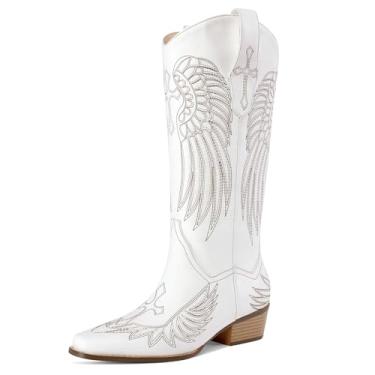 Imagem de RONILURN Botas femininas cano alto cowboy cowgirl botas ocidentais altas bico quadrado salto grosso retrô vestido feminino confortável bordado bota, Branco, 40