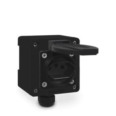 Imagem de Tomada Preta e Caixa Plástica Preta 2P+T 20A Padrão Brasileiro para So